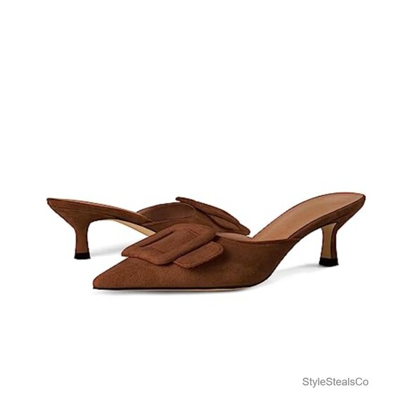 Suede Kitten Heel Mules Pointed Toe Square Buckle Backless Slip On Sandals